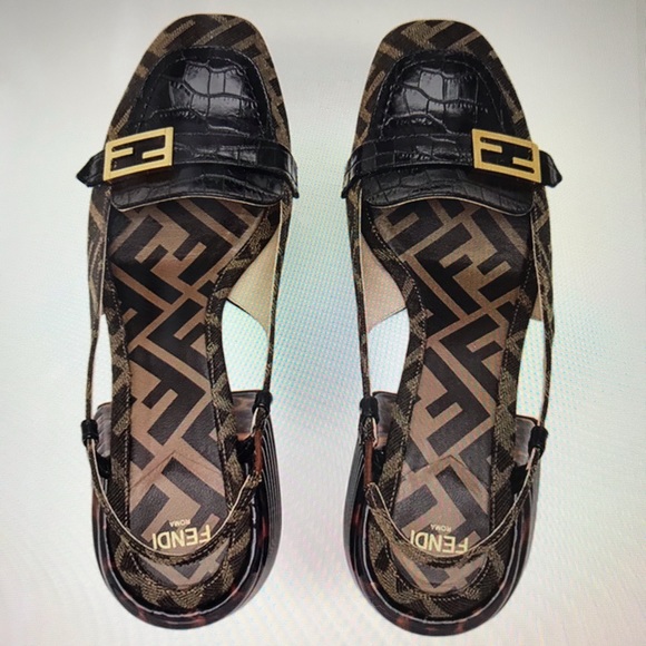 Shoes - Fendi promenade FF motif fabric and croc-embossed leather slingback pump